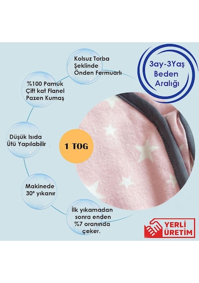 Kışlık Ve Mevsimlik Çift Kat Flanel%100 Pamuk Kumaş Bebek Çocuk Uyku Tulumu 1 Tog 18-36 Ay Çok Renkli