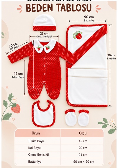 Sitilin Kız Bebek Çilek Desenli 5'li Hastane Çıkışı Seti %100 Pamuk Cepli Kundak Battaniyeli Yenidoğan Stl7298 Beyaz