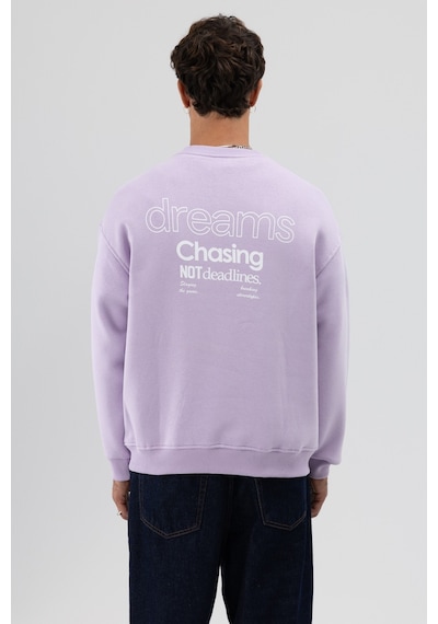Vamos Oversize Bisiklet Yaka Baskılı Sweatshirt Lila