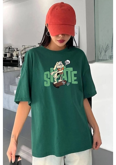 Uyguntarz Unisex All Day Rabbit Tasarım T-shirt Yeşil