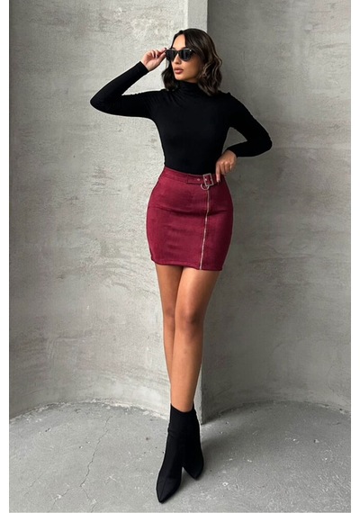 Verymoda Süet Fermuarlı Etek F0121 Bordo