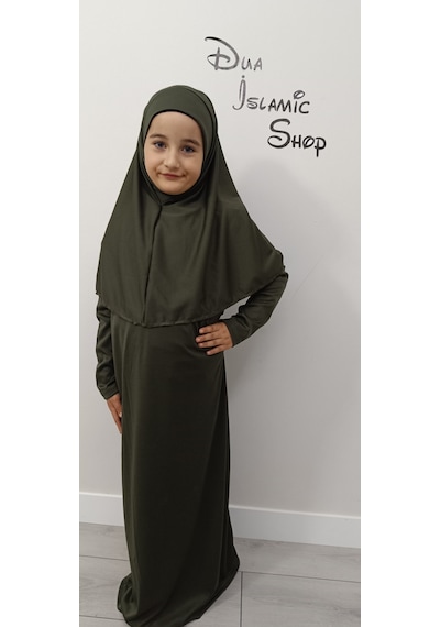 Dua İslamic Shop Kız Çocuk Tek Parça Namaz Elbisesi Haki Yeşili Haki