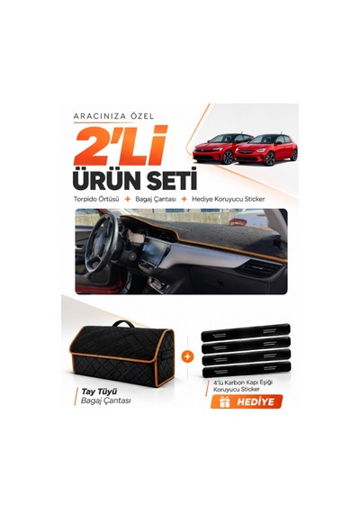 Opel Corsa F 2019-2026 Uyumlu Torpido Örtüsü + Tay Tüyü Bagaj Çantası + Sticker - Siyah Kahverengi