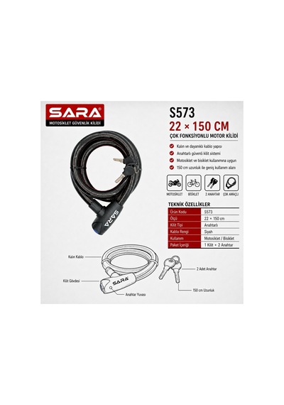 Sara S573 Motosiklet Ve Bisiklet Güvenlik Kilidi 150 Cm, Anahtarlı, Siyah, 2 Anahtar