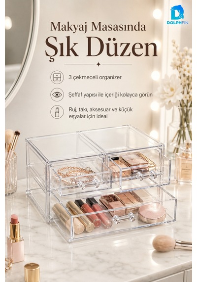 3 Çekmeceli Şeffaf Kozmetik Organizer Makyaj Takı Ruj Oje Pamuk Düzenleyici