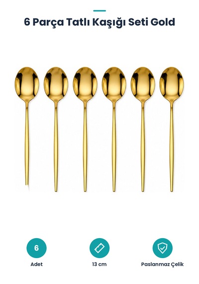 Tatlı Kaşığı Seti - 6 Parça - Paslanmaz Çelik Gold