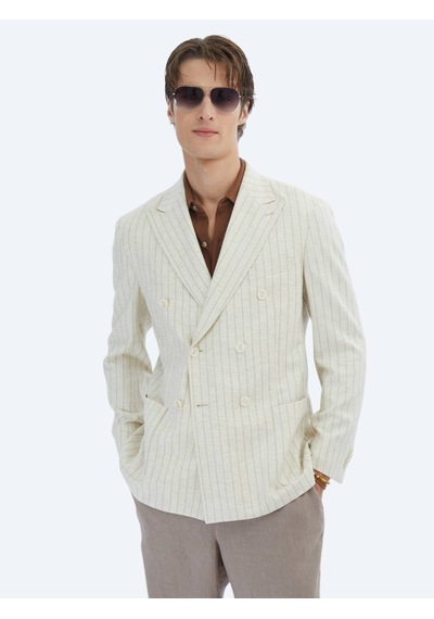 Kip Bej Çizgili Modern Fit Keten Karışımlı Ceket Bej