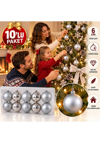 Yılbaşı Ağacı Süsü 10 Adet 6 Cm Çapında Yılbaşı Topu Gümüş Canlı Renkler 6cm