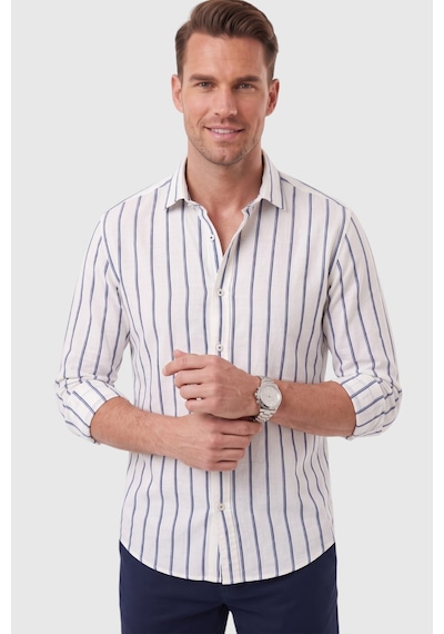 Deepsea Erkek %100 Pamuk Slim Fit Dar Kesim Keten Dokulu Çizgili Uzun Kollu Lacivert Gömlek 2600034