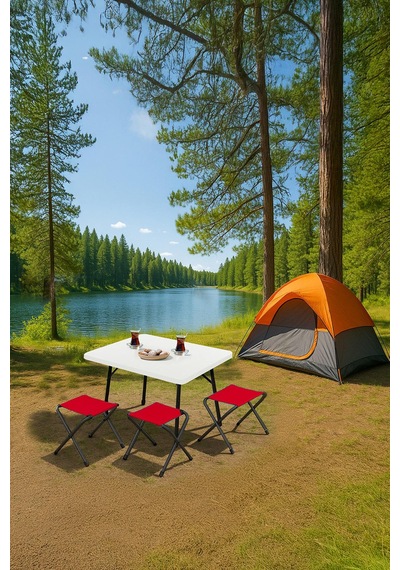 Exent 45x60 Cm Kamp Sehpası + 3 Adet Kırmızı Tabure Piknik, Bahçe Balkon Sehpası Katlanır Sehpa-b-3k Çok Renkli