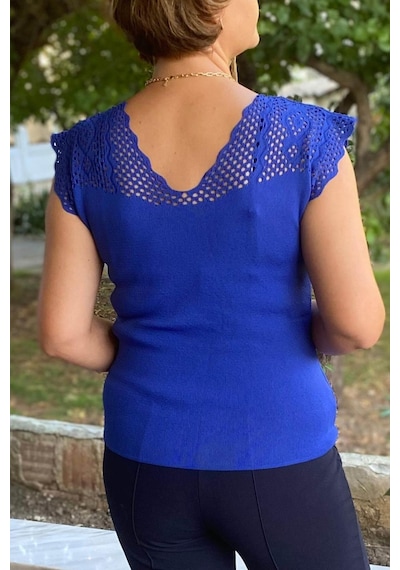 Mia Butik Kadın Saks Mavi Sıfır Kol Ajurlu Triko Bluz-1268 Saks Mavi