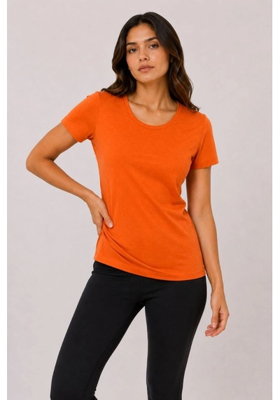 Novalisse Kadın Basic Tişört Bisiklet Yaka Kısa Kol Günlük Yazlık Slim Fit T-shirt - Turuncu Çoklu Renk