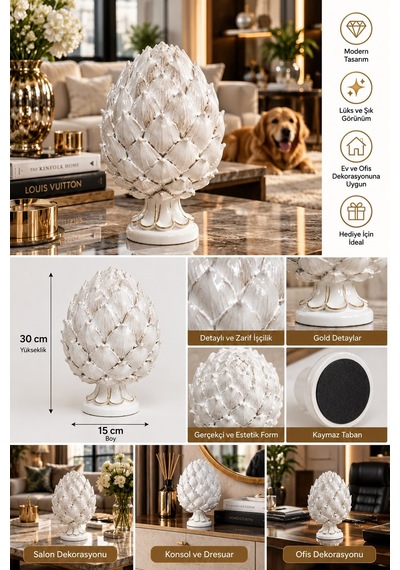 Beyaz Gold Detaylı Dekoratif Enginar Biblo 30 Cm Lüks Salon Ve Ofis Aksesuarı