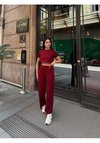 WeShaya Bordo Modal Polyester Keten Bisiklet Yaka Takım Bordo
