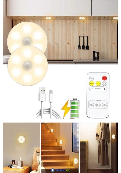 Technojet 2 Adet Akıllı Hareket Sensörlü Uzaktan Kumandalı USB Şarjlı Kablosuz Spot Led Gece Lambası