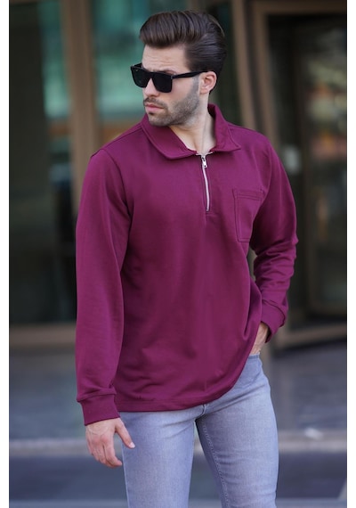 Madmext Bordo Polo Yaka Fermuarlı Uzun Kollu Erkek Sweatshirt 7057 Bordo