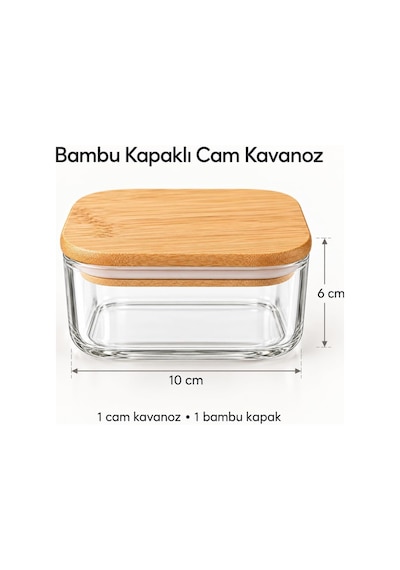 Bambu Kapaklı Borosilikat Cam Kavanoz 10 6 Cm, Kare Formlu Şeffaf Tereyağlık, Kahvaltılık Ve Kuru Gıda Saklama Kabı, Mutfak Düzenleyici, 1 Adet Çok Renkli