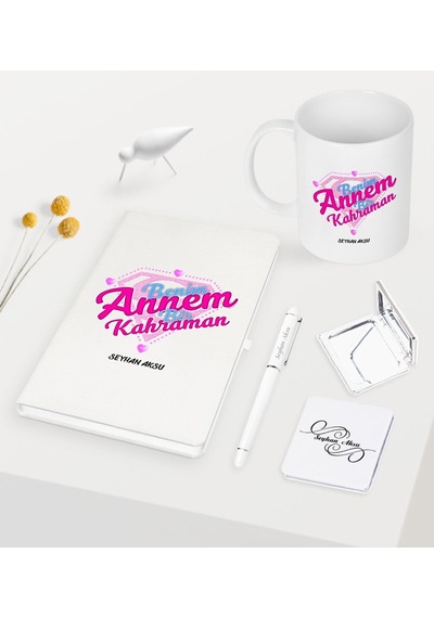 Kişiye Özel Annem Bir Kahraman Beyaz Defter Kalem Kupa Ayna Seti