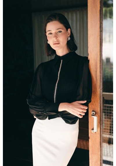 Sateen Nervür Detaylı Bluz - Siyah-136741 Siyah