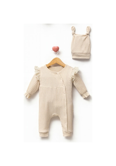 By Bubbles Şapkalı Dantel Detaylı 2'li Kız Bebek Tulum Bej