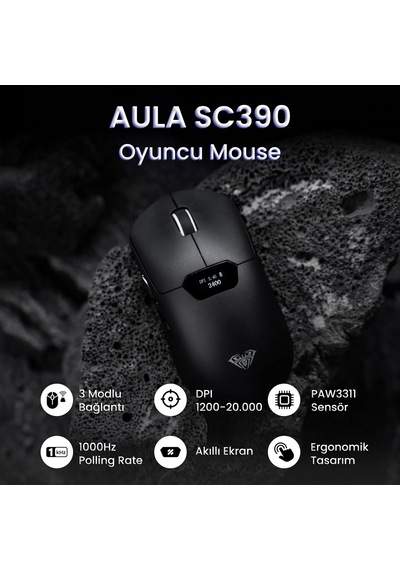 Aula Sc390 Paw3311 Sensör 20000 Dpı 1000hz Kablolu Ve Kablosuz Gaming Oyuncu Mouse Siyah Sc390