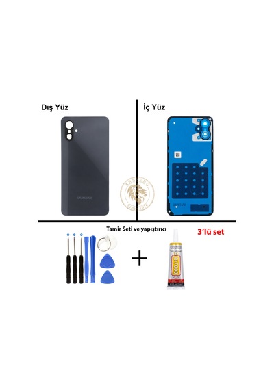 Samsung Galaxy M06 Siyah Renk Arka Kapak + Tamir Seti + B7000 Yapıştırıcı Arka Cam Batarya Kapağı Pil Kapağı Lazer Kesim Back Cover Galaxy M06 Uyumlu