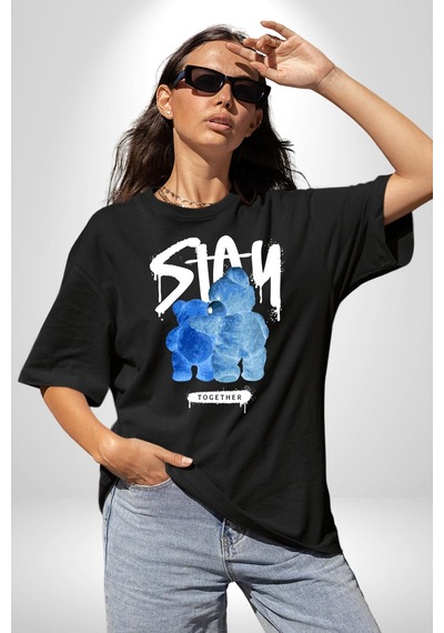 Birlikte Kal Pamuklu Bisiklet Yaka Unisex Oversize Boyfriend Dijital Baskılı Siyah T-shirt Siyah
