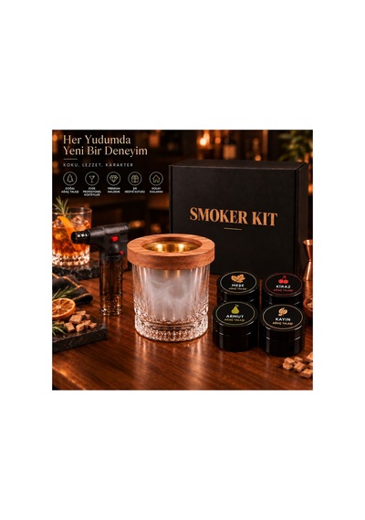 Kokteyl / Viski Tütsüleme Seti, Yan Çıkışlı Pirinç Hazne, 4 Farklı Aroma