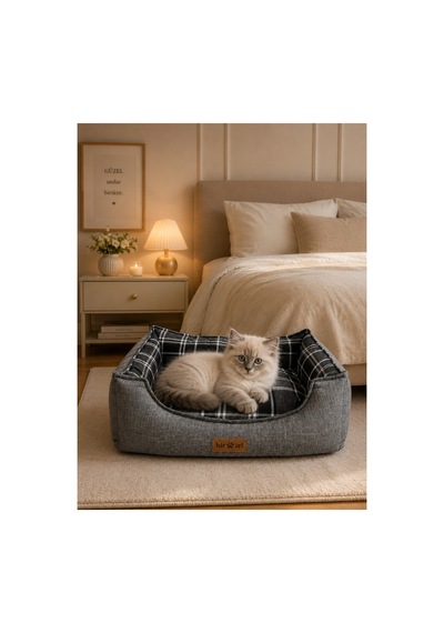 Premium Kedi Ve Köpek Yatağı Kafa Destekli Kaydırmaz Taban Yıkanabilir Fermuarlı Çift Taraflı Minder %100 Boncuk Elyaf Gri 1604540295