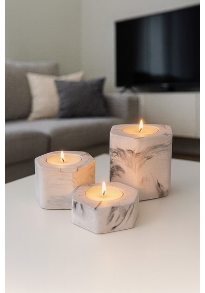 Dekoratif Tealight Mumluk Mermer Desenli