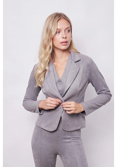 Kadın Kadife Likralı Yumuşak Dokulu Flato Cepli Uzun Kol Düğmeli Blazer Mono Ceket-gri Gri