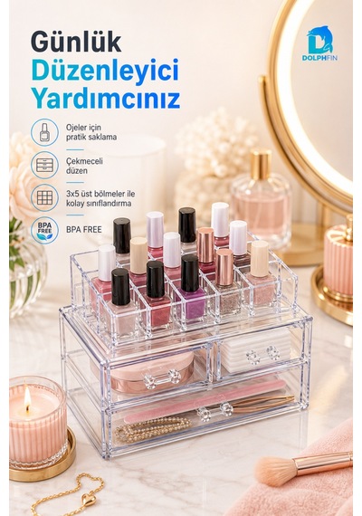 Üç Çekmeceli Oje Düzenleyici Makyaj Kozmetik Takı Ruj Organizeri 23x14x16 Cm Şeffaf