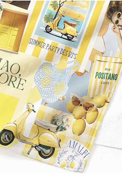 Limon Temalı Amalfi Akdeniz Plaj Havlusu-italyan Yaz Kolaj Sarı Mavi Hızlı Kuruyan Mikrofiber Havlu Çok Renkli