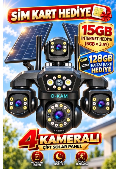 O-kam Oks340 12mp 4 Kameralı 4g Çift Solar Panel Gece Görüş 128gb Hafıza Kartı 15gb İnternet Akıllı Kamera