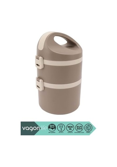 1800ml Lunchbox 2 Katlı 4-6 Saat Sıcak/soğuk Termos Özellikli Çelik Sefer Tası Yemek Kutusu Kahverengi Açık