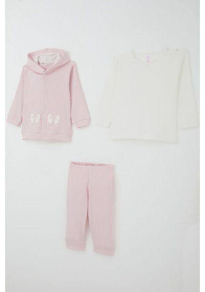 Breeze Kız Bebek Bodyli 3 Lü Takım Fiyonk Arma Nakışlı 4 Ay - 1 Yaş , Pembe