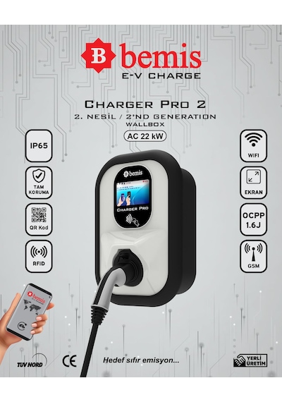 Bemis Charger Pro 2.nesil Ekranlı Elektrikli Araç Şarj Cihazı - 4/7/11/22 Kw - Pano Prizli 4/7/11/22 Kw