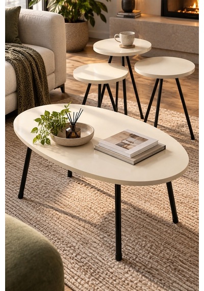 Sulorahome Metal Ayaklı Elips Sehpa Seti Ekru 4'lü
