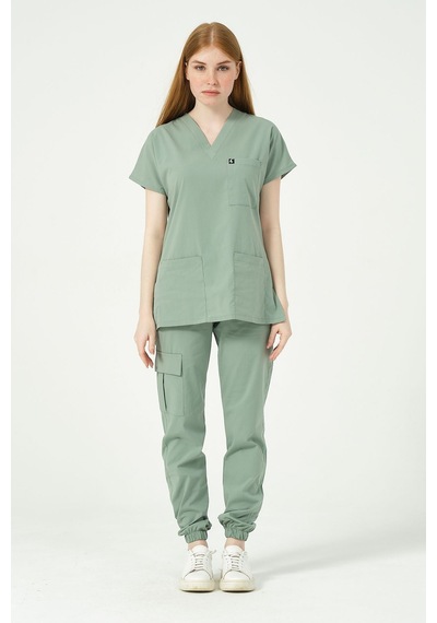 Çağla Yeşili Likralı Scrubs Kargo Cep Jogger Paça Doktor Hemşire Forması Yarasa Kol Takım Unisex