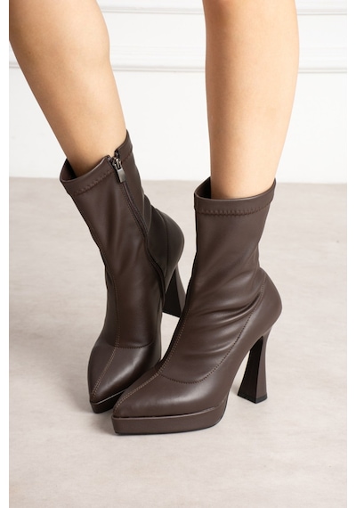 Dabab Shoes Talya Kadın Acı Kahve Streç Cilt Sivri Burun Fermuarlı Platform 11 Cm Kalın Topuklu Bot Bootie Kahverengi
