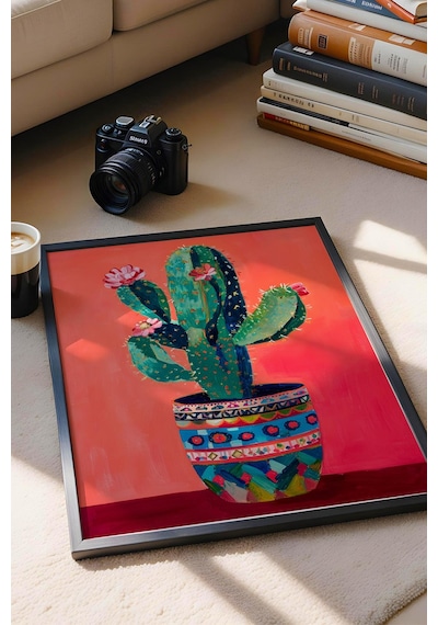Desenli Saksıda Çiçek Açan Kaktüs Çerçeveli Tablo - Pop Art Poster Tablo