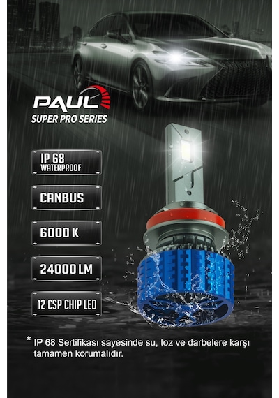 Paul Süper Pro H11-h8-h9-h16 24.000 Lümen Güç Şimşek Etkili Odaklı Ufuk Çizgili Csp Led
