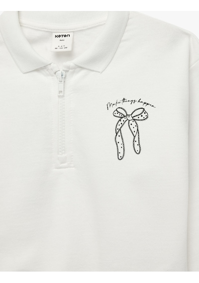 Koton Pamuklu Uzun Kollu Yarım Fermuarlı Polo Yaka Sweatshirt Ekru 7wmg10042ak