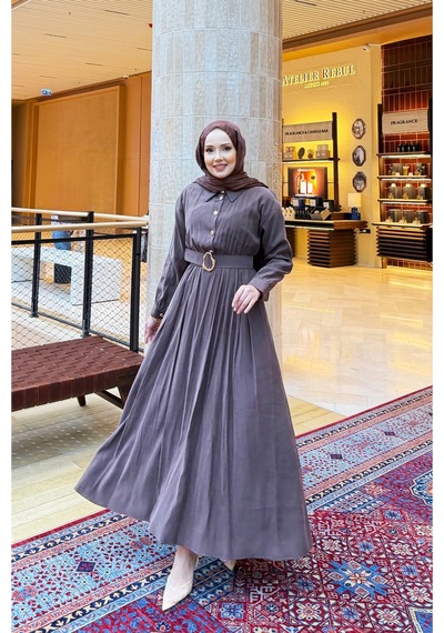 Riella Butik Liora Kemer Detaylı Tesettür Elbise Kahverengi