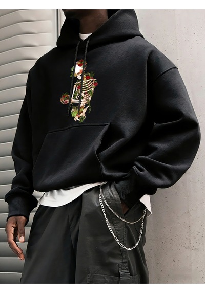 Startmore Startmorecottagecore Tarzı Sukulent Teslim Olmak Desen Erkekler Hoody Cep Vintage Üst Rahat Gevşek Yum Siyah