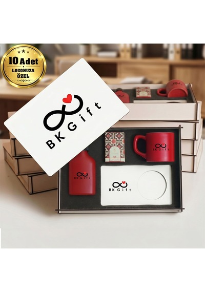 Logonuza Özel 10 Adet Kutulu Ahşap Altlıklı Kırmızı Fincan & Kolonya & & Aromalı Kahve Seti Ahşap Kutulu Kurumsal Hediye Seti