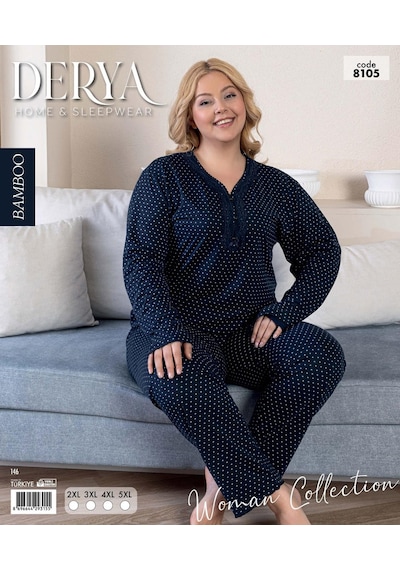 Derya Kadın Büyük Beden Dantel Yaka Bambu Uzun Kol İnce Pijama Takımı 8105l - 1 Adet Lacivert Derya Kadın Büyük Beden Dantel Yaka Bambu Uzun Kol İnce Pijama Takımı 8105l - 1 Adet Lacivert