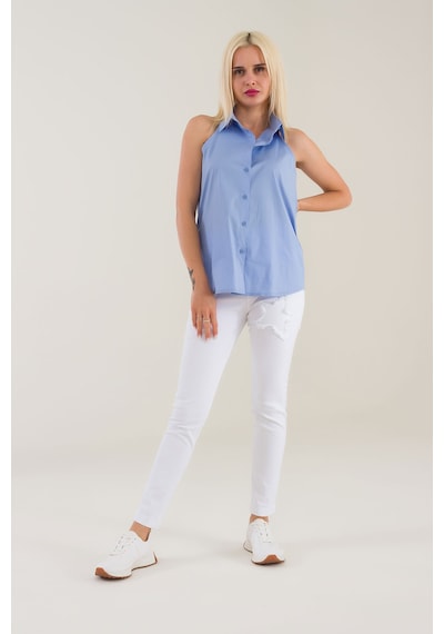 Bold & Young Kadın Mavi Kolsuz Omuz Açık Likralı Poplin Gömlek 9208 Mavi