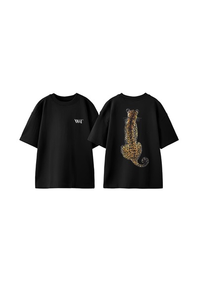 Thewert Leopar 7 Tasarım Sırt Baskılı Pamuk Siyah Oversize T-shirt