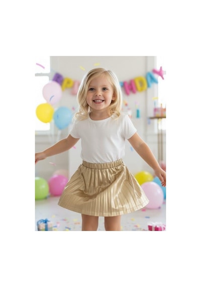 Zekids Kız Bebek Pileli Deri Etek-16519 Altın